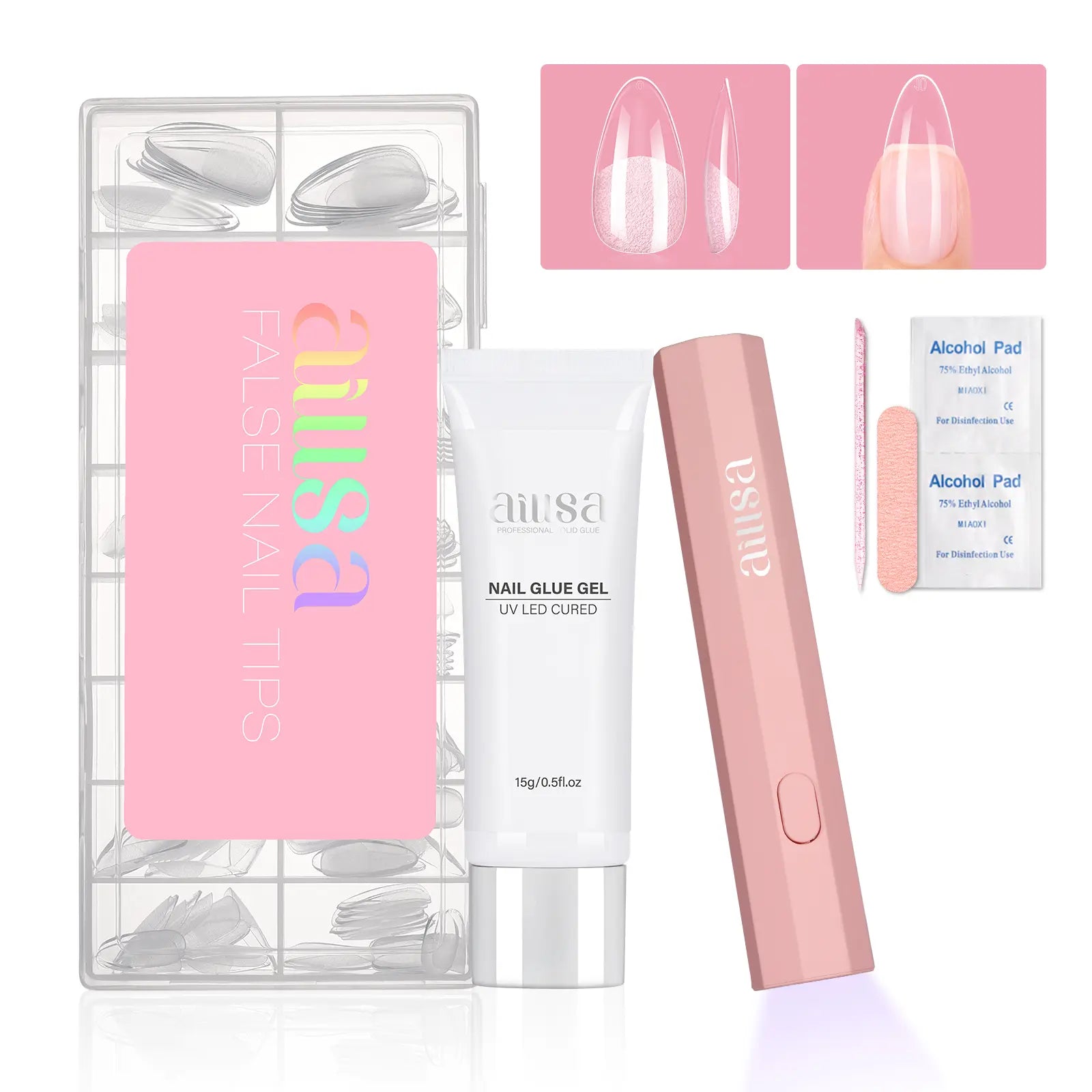 Aillsa Glamhold Solid Nail Glue Set, Handheld UV Lamp for Press on Nails, Clear Nail Tips and Gel X Nail Glue Long-Lasting Strong Adhesion Solid Gel DIY Fall Nail Art Home, UV Light Cured Needed