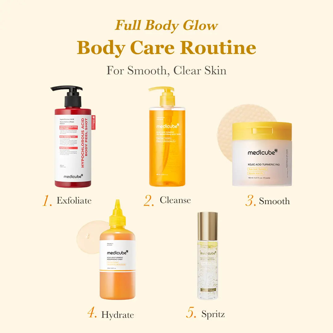 [NEW] [Medicube] Smooth & Clear Body Care Set | Hypochlorous Acid Body Peel Shot, Kojic Acid Turmeric Body Wash, Toner Pad, Toner, Mist | Exfoliating for Dead Skin Cells & Excess Sebum & Clearing for after Spots, Texture & Uneven Skin Tone | K-Beauty