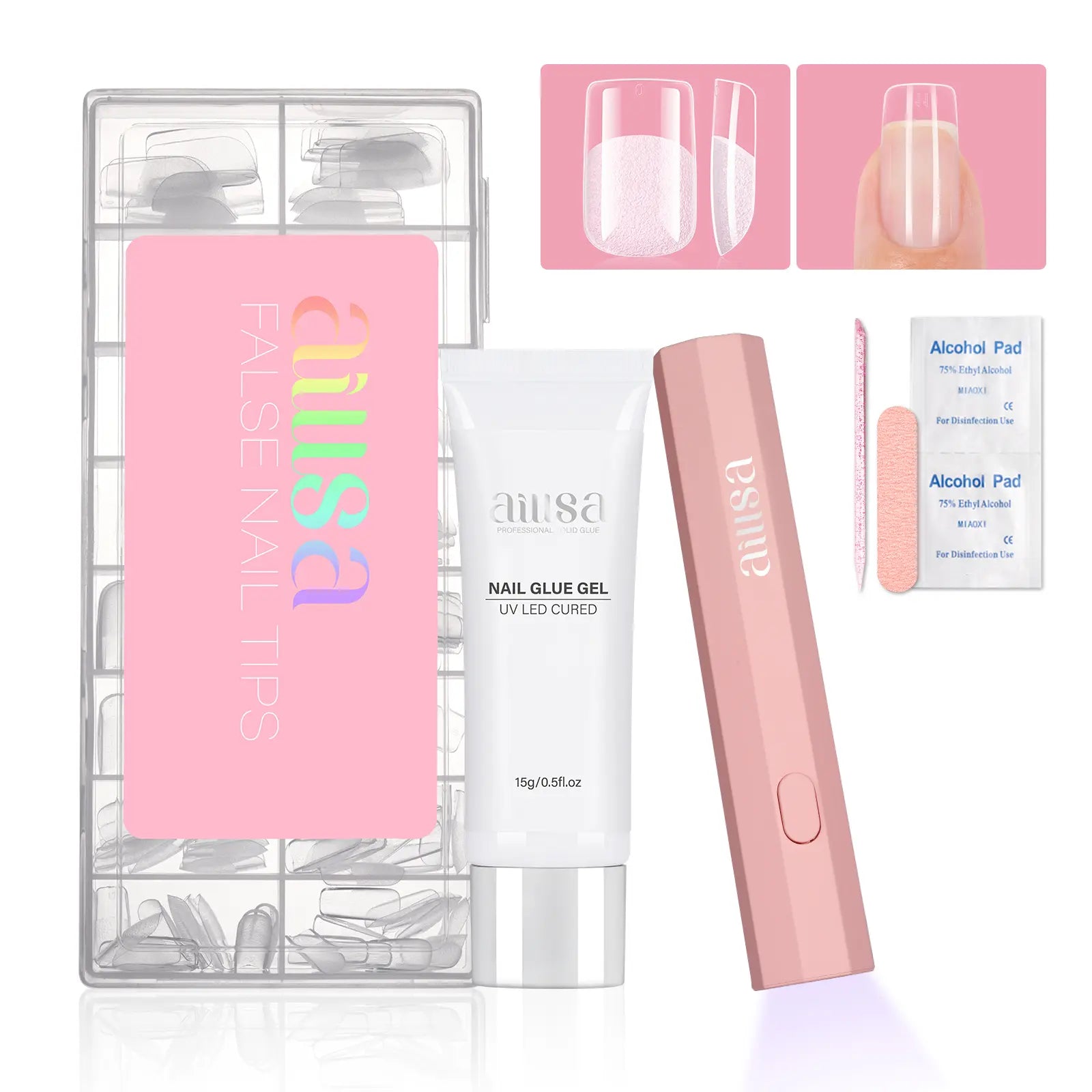 Aillsa Glamhold Solid Nail Glue Set, Handheld UV Lamp for Press on Nails, Clear Nail Tips and Gel X Nail Glue Long-Lasting Strong Adhesion Solid Gel DIY Fall Nail Art Home, UV Light Cured Needed