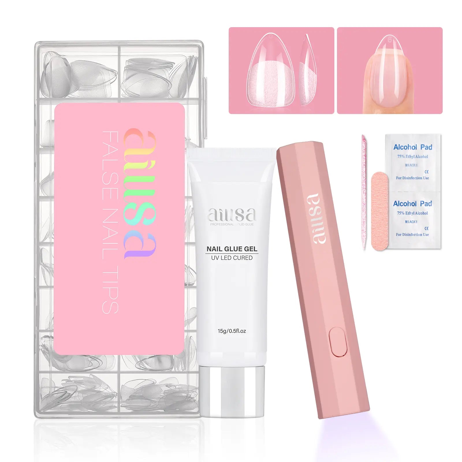 Aillsa Glamhold Solid Nail Glue Set, Handheld UV Lamp for Press on Nails, Clear Nail Tips and Gel X Nail Glue Long-Lasting Strong Adhesion Solid Gel DIY Fall Nail Art Home, UV Light Cured Needed