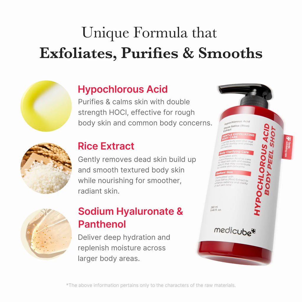 [NEW] [Medicube] Smooth & Clear Body Care Set | Hypochlorous Acid Body Peel Shot, Kojic Acid Turmeric Body Wash, Toner Pad, Toner, Mist | Exfoliating for Dead Skin Cells & Excess Sebum & Clearing for after Spots, Texture & Uneven Skin Tone | K-Beauty
