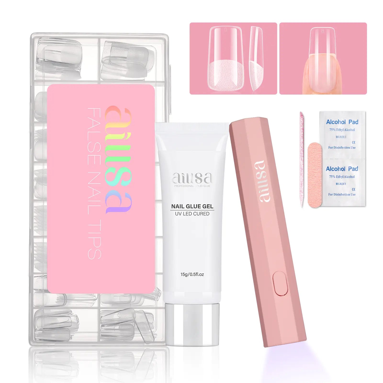 Aillsa Glamhold Solid Nail Glue Set, Handheld UV Lamp for Press on Nails, Clear Nail Tips and Gel X Nail Glue Long-Lasting Strong Adhesion Solid Gel DIY Fall Nail Art Home, UV Light Cured Needed