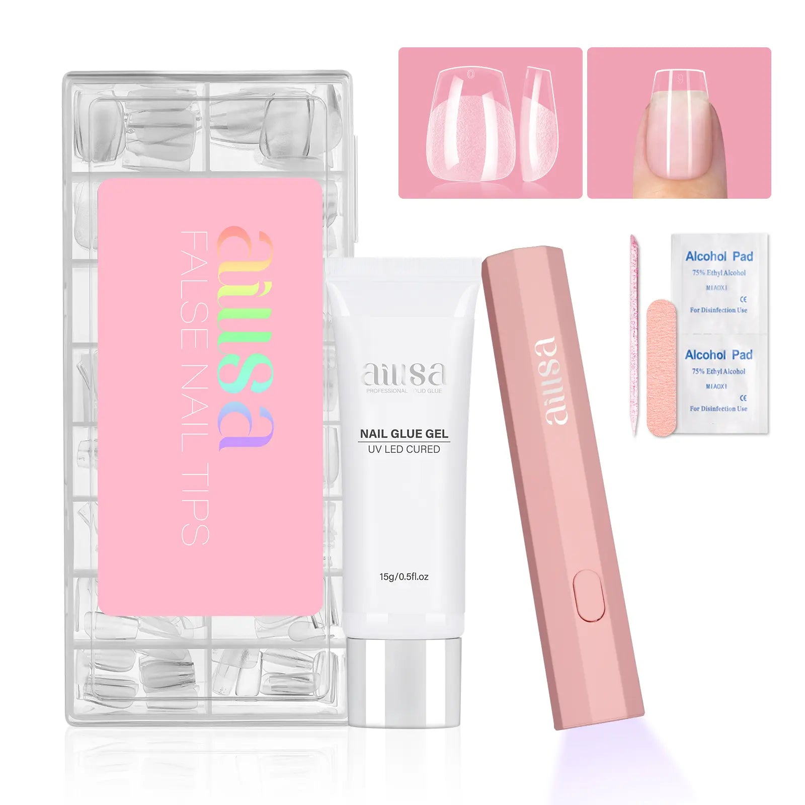 Aillsa Glamhold Solid Nail Glue Set, Handheld UV Lamp for Press on Nails, Clear Nail Tips and Gel X Nail Glue Long-Lasting Strong Adhesion Solid Gel DIY Fall Nail Art Home, UV Light Cured Needed